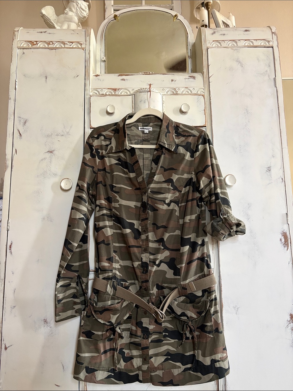 Dollhouse Olive Camo Utility Shirt Dress 👗 Lg w/ belt
